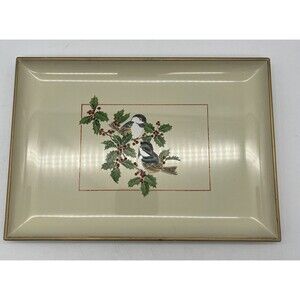 Vintage Otagiri Japan Trinket/Snack Tray Holly berries chickadee birds